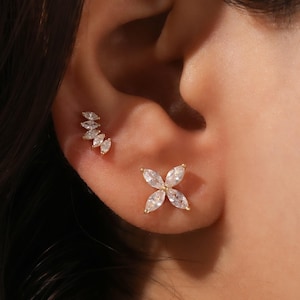 Diamond Stud Earrings, Marquise Diamond Earrings, Gold Earrings, Flower Earring, Gold Flower Earring, Stud Earrings For Women, Gift For Her