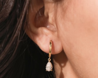 Pear Diamond Dangle Earrings: 14K Gold Lab Grown Diamond Hoop Earrings for Women