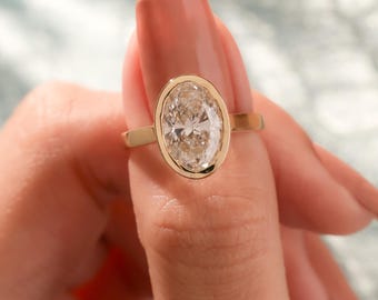 Oval Lab Grown Diamond Engagement Ring, Oval Lab Diamond Ring, Bezel Set Engagement Ring, Dainty Ring, 14K Gold Ring, Handmade Jewelry Gift