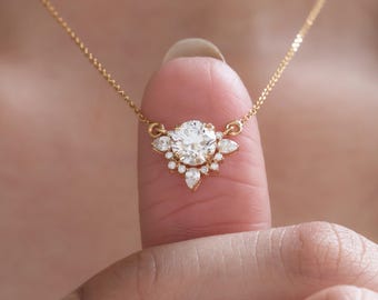 Round Lab Grown Diamond Cluster Necklace, Statement Necklaces for Women, Handmade Jewelry