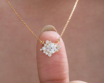 Asymmetrical Cluster Round Lab Grown Diamond Necklace, 14K Solid Gold Floral Pendant Graduation Gift