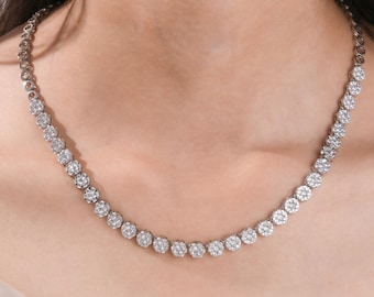 9.60CT Lab Grown Diamond Cluster Tennis Necklace: 18K Gold Bridal Necklace, Gift For Her