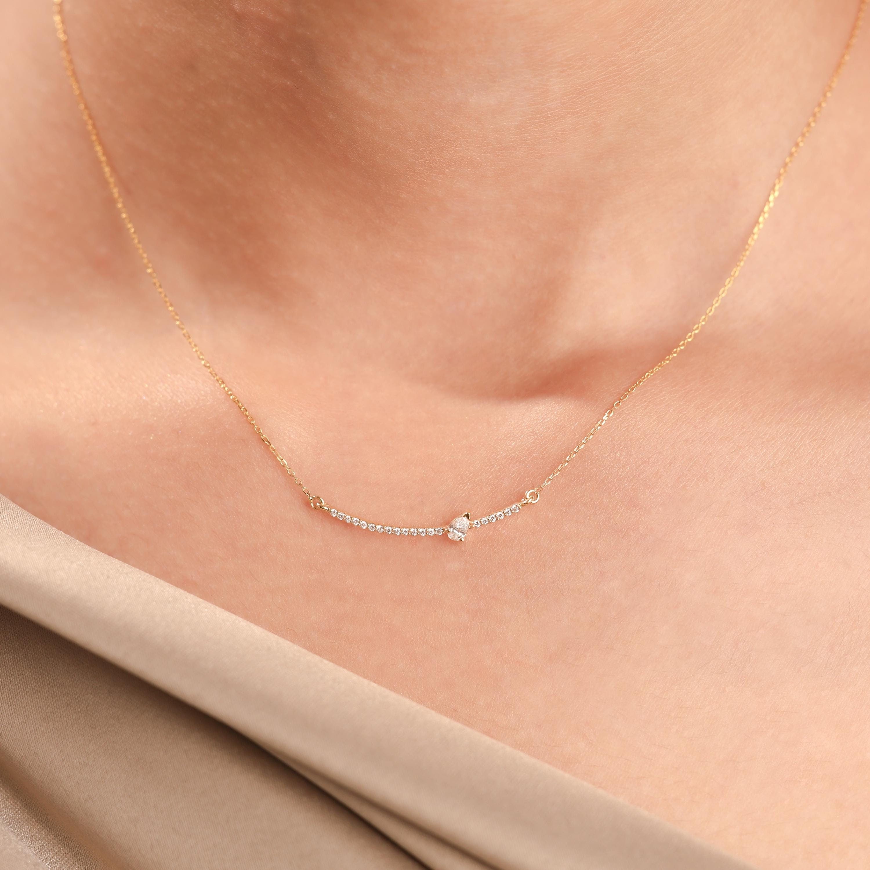 14k Solid Gold Diamond Crescent Curve Teardrop with Adjustable Chain Necklace, Natural Diamond Necklace, Gold Curved Bar Necklace, Mom Gift