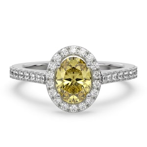 1CT- 3CT Yellow Oval Diamond Ring With Pave Band, Oval Cut Engagement Ring, Oval Halo Diamond Ring, Yellow Diamond Ring