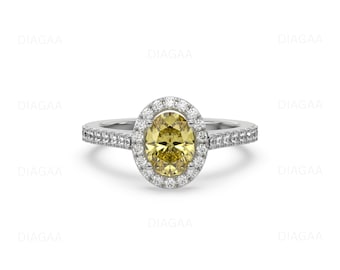 1CT- 3CT Yellow Oval Diamond Ring With Pave Band, Oval Cut Engagement Ring, Oval Halo Diamond Ring, Yellow Diamond Ring
