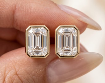 Emerald Cut Diamond Studs Earrings, Solitaire Studs, Bezel Set Stud Earrings, Gold Emerald Cut Earrings, Small Diamond Stud, Gift For Her