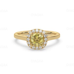 1CT - 3 CT Yellow Cushion Halo Diamond Ring, Yellow Diamond Ring, Cushion Cut Engagement Ring, Cushion Halo Wedding Ring