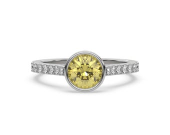 2CT Yellow Diamond Ring, Round Cut Diamond Ring, Pave Diamond Ring, Bezel Diamond Ring, Round Solitaire Ring, 14K Gold Engagement Ring,