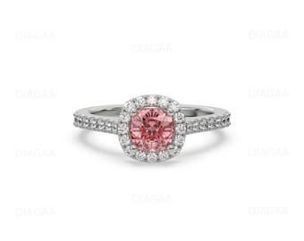 1CT - 3CT Halo Cushion Diamond Ring, Pink Diamond Pave Engagement Ring, Halo Diamond Ring, Pink Cushion Cut Wedding Ring