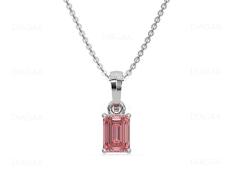 Pink Emerald Solitaire Necklace, Pink Diamond Necklace, Lab Grown Diamond, Emerald Diamond Necklace, CVD, Gold Necklace
