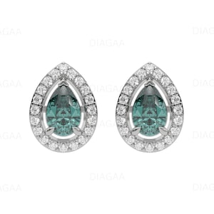 6 CT Green Diamond Stud Earring, Pear Cut Diamond Earring, Halo Diamond Earring, Solitaire Stud, Green Jewelry, Anniversary Gift For Her