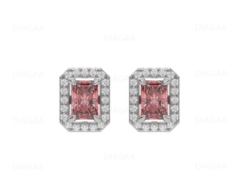 7 CTW Radiant Cut Diamond Stud Earrings, Pink Diamond Earrings, Halo Diamond Earring, Solitaire Diamond Earring, White Gold Earrings