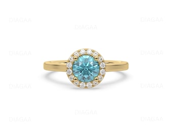 3CT Blue Diamond Ring, Round Diamond Halo Engagement Ring, Gold Wedding Ring, Solitaire Engagement Ring, Promise Ring For Her
