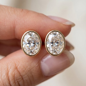 Bezel Set Stud Earrings, Oval Cut Diamond Stud Earrings, Solitaire Studs, Gold Diamond Earring, Minimalist Earring, Gift For Her
