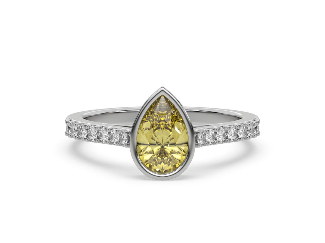 3CT Pear Yellow Lab Grown Diamond Ring - 14K Gold Pave Bezel Engagement ...