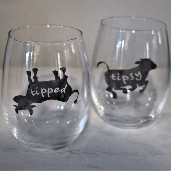 Tipsy and Tipped Cow stemless wine glasses - etched or printed gift for her/gift for him