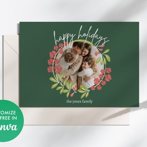 Customizable Boho Christmas Photo Canva Card - &quot;Happy Hoildays&quot; eucalyptus flower photo arch card