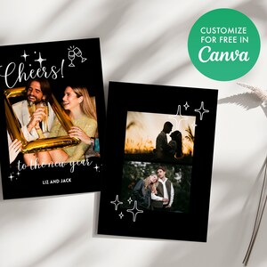 Aanpasbare New Years Canva Card - "Cheers to the New Year" stijlvolle fotokaart (voor- en achterkant)