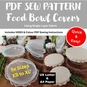 Patrón de costura en PDF para tapas de cuencos y platos de comida, de una sola capa, lavables, reutilizables, 5 tamaños, papel tamaño carta o A4