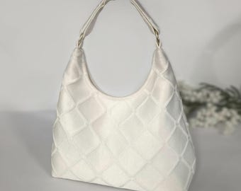 Ivory White Satin Brocade Jacquard Bridal Wedding Bag Purse Handbag | High Quality Fabric ~ Diamond or Floral Pattern
