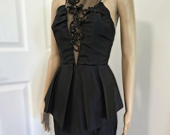 Vintage 80s Black Taffeta Designer Formal Evening Dress with Peplum - Size 6