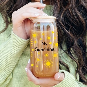 My Sunshine Drinkware, Iced Latte Glass, Iced coffee Glass, Sipper glass with bamboo lid and straw, gift for mom, gift for her, sweetheart