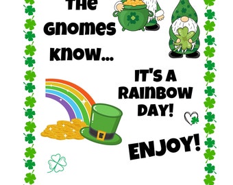 St. Patrick's Day Cards, Printable, Downloadable, gift tags, gnomes, shamrocks, pot of gold