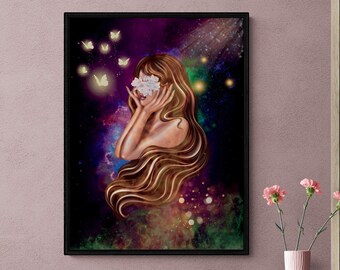 El arte de la pared de la sirena / Impresión de arte de mujer mística / Decoración divina del hogar femenino / Cartel femenino / Ilustración de la diosa / Impresión femenina digital