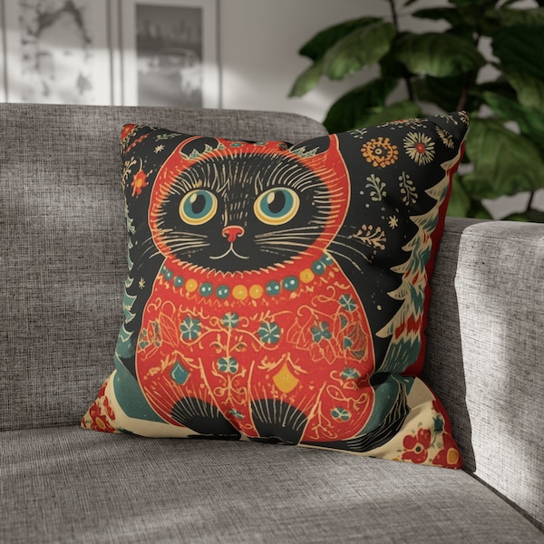 Scandi Style Christmas Cat in Winter Scene Spun Polyester Square Pillow Case, Holiday Scandinavian Decor, Christmas Pillow Case Scandi Decor