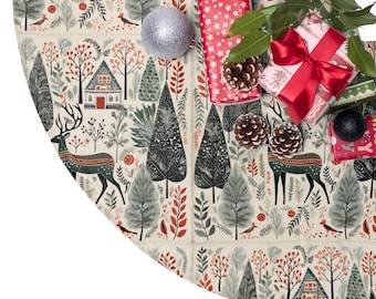 May include: A round, cream-colored Christmas tree skirt with a woodland scene. The skirt features a repeating pattern of trees, deer, birds, and houses. The skirt is decorated with red, green, and white accents.