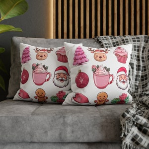 Pink Christmas Icons Polyester Square Pillow Case, Nostalgic Christmas Icons White Pillow Case, Holiday Decor for Family, Cute Christmas