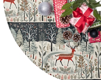 May include: A white and cream Christmas tree skirt with a woodland scene featuring red deer, pine trees, and snowflakes. The skirt is decorated with red and white gift boxes, pine cones, and a silver ornament.
