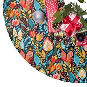 Christmas Tree Skirt, Vibrant Colors on a Round Tree Skirt, Floral Christmas Tree Decor, Colorful Holiday Christmas Decor, Approx 44 in