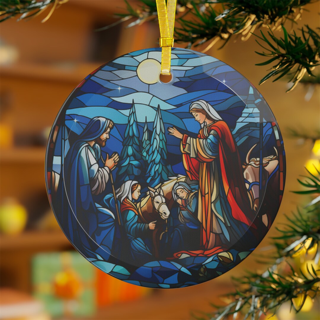 Religious Christmas Scene, Stained Glass Effect Christmas Ornament for