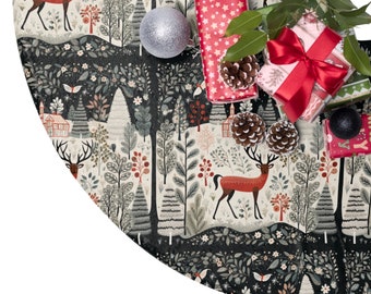 May include: A black and white Christmas tree skirt with a woodland scene featuring red deer, trees, and houses. The skirt is decorated with red and white ornaments, pine cones, and a red ribbon.