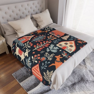 Skandinavische Folk Art Minky Decke, weicher Fleece, Winterdecke für Bett oder Couch, weiche Winterdecke, Scandi Home Decor