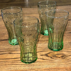 Set of 4 Green 16 Ounces Coca-Cola Drinking Glasses by Libbey Glass, Green Glass