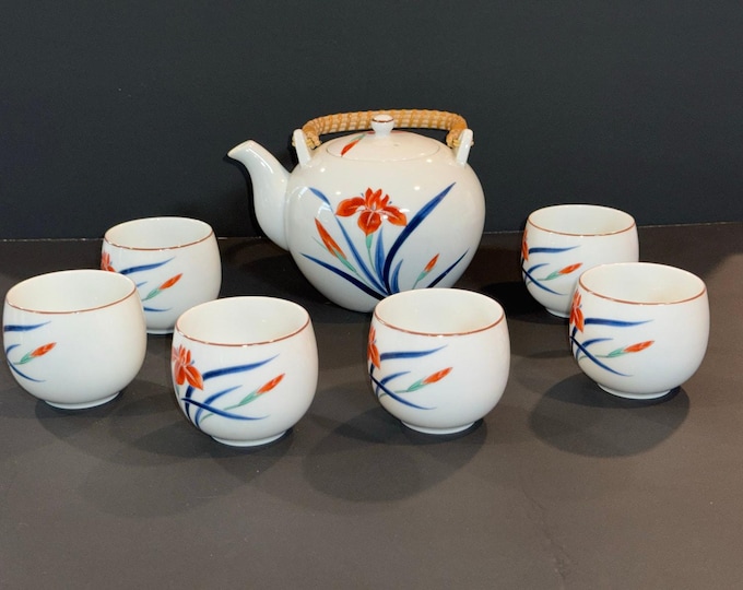 Vintage Japanese Arita-yaki Porcelain Tea Set-Kettle & 6 Handless Tea Cups