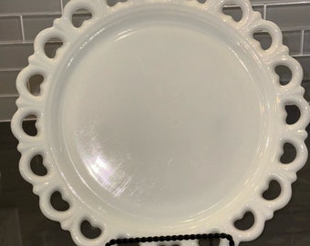 Vintage 13” Anchor Hocking Lace Edge Milk Glass Torte Plate/ Serving Platter
