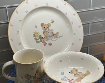 VTG Mikasa TEDDY 3 Pc. Children's Porcelain Dinnerware Set