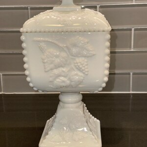 Vintage Westmoreland Square 9” Milk Glass Pedestal Candy Dish W/Grapes & Leaves