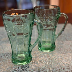 Set of 2 Vintage Libbey Green Coca Cola Heavy Glasses 16oz Mugs With Handles