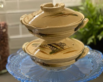 Set of 2 Vintage Japanese Donabe Ceramic Cooking Pot | Casserole Dish