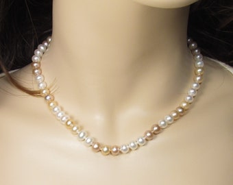 Echte 7mm Multicolor Nahe Runde Perlenkette, Süßwasser Perlenkette für Frauen, Weiß Rosa Levander Perlenkette, JNFRBA775M