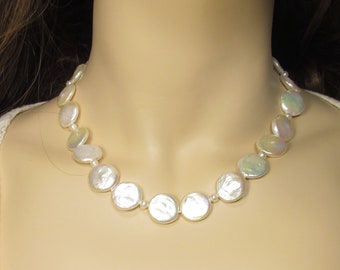 15-16mm weiße Münze Perlenhalskette Süßwasserzuchtperle Perle Perlenkette einzigartige Mode artsy Perle Choker JNCNBA0506