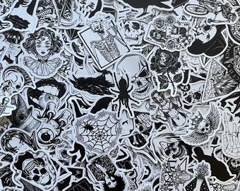 May include: A collection of black and white stickers featuring various gothic and spooky designs. The stickers include skulls, spiders, bats, and other macabre imagery.