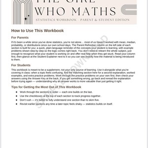 May include: A statistics workbook titled The Girl Who Maths, Parent & Student Edition, featuring a light pink header with black text, arched line graphics, and star icons. The page includes instructions for parents and students, plus tips.