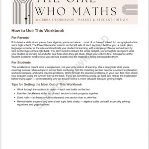 May include: A page from The Girl Who Maths Algebra 1 Workbook, Parent & Student Edition. The header features arched line art and stars. The text provides instructions for parents and students on how to use the workbook effectively.