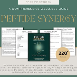 May include: A comprehensive wellness guide titled Peptide Synergy, featuring a dark green cover with a gold DNA helix graphic. The set includes multiple white informational pages with black text, a table of contents, and a circular badge stating 220+ pages.