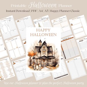 May include: A printable Halloween planner with a watercolor illustration of a haunted house, bats, and trees. The planner includes pages for costume planning, party details, and more. Text on the image reads "Happy Halloween" and "Instant Download PDF A4 A5 Happy Planner Classic."